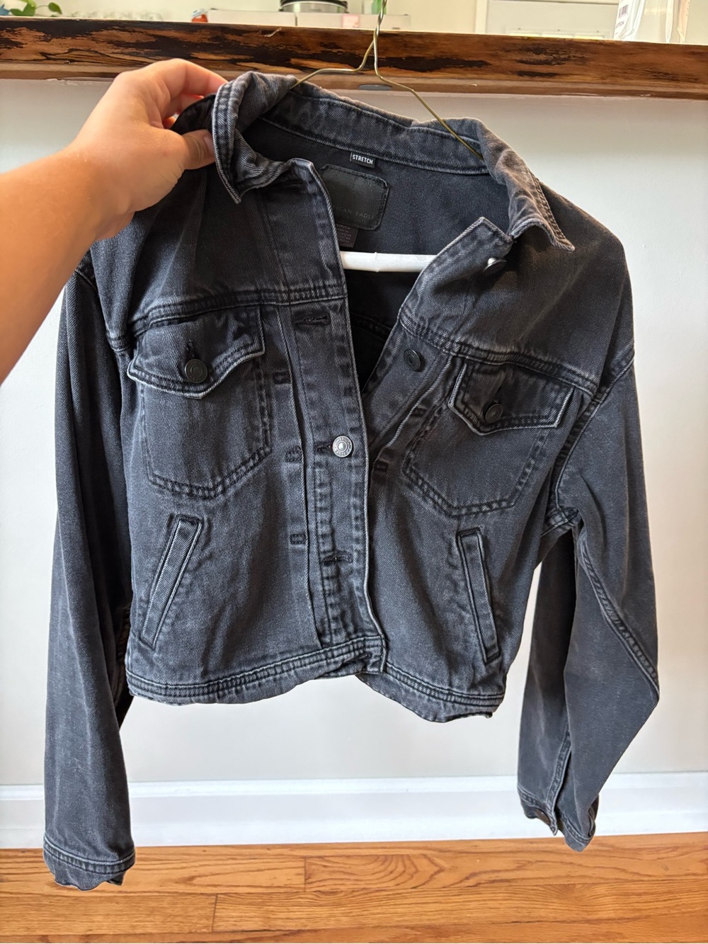 American Eagle Washed Black Denim Jacket - Cropped Trucker Style